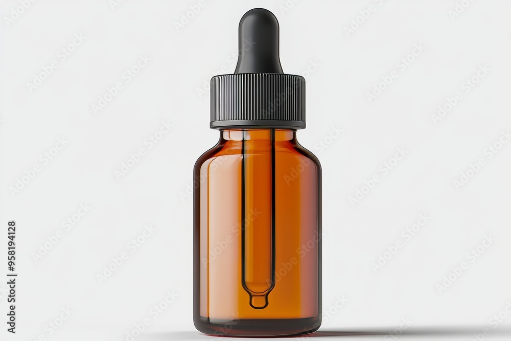 This mockup depicts the front of an empty transparent glass dropper bottle This mockup depicts the front of an empty transparent glass dropper bottle