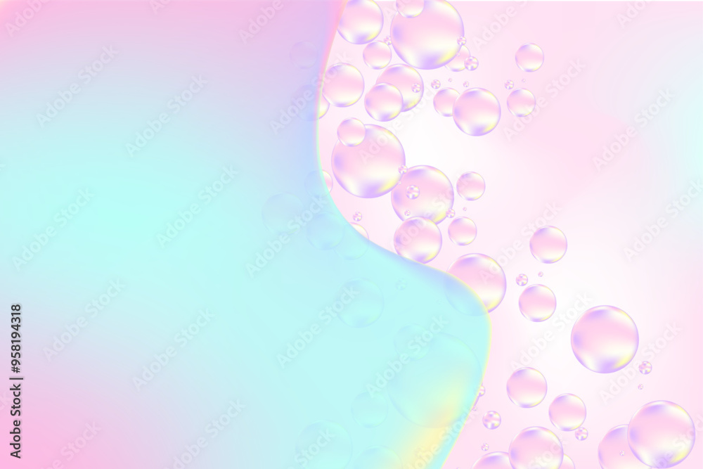 Abstract holographic liquid texture background with copy space. Fluid glowing bubbles beauty wallpaper, smooth gradient backdrop. Beauty presentation, promotion banner, poster