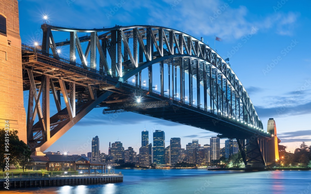 Naklejka premium Sydney Harbour Bridge with City Skyline Sunrise Background