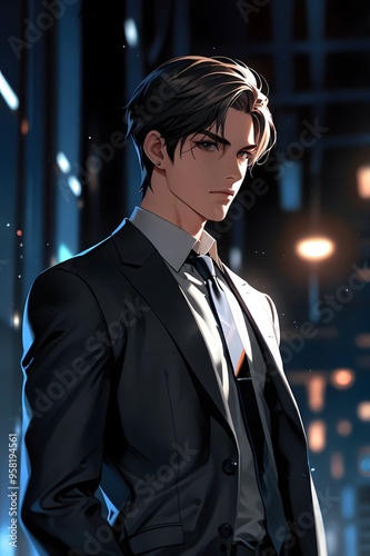 Portrait of a professional businessman in office background ,Anime style illustration.