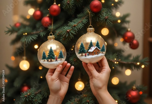 A close-up of a child's hand placing an ornament on a Christmas tree branch, with other ornaments visible in the background. The camera angle is tight and focused on the hand and ornament, with a slig photo