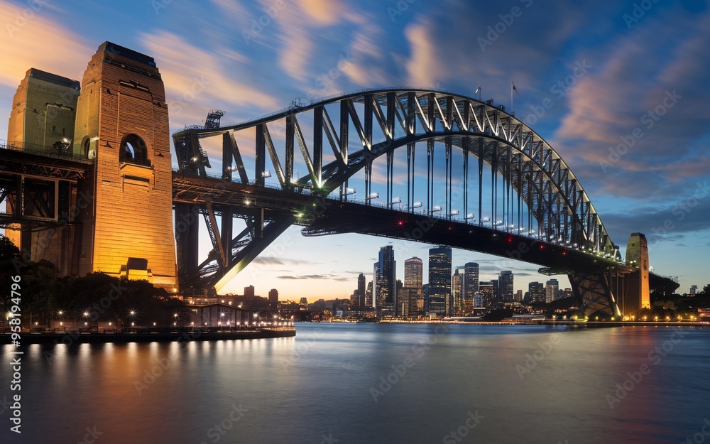 Naklejka premium Sydney Harbour Bridge with City Skyline Sunrise Background