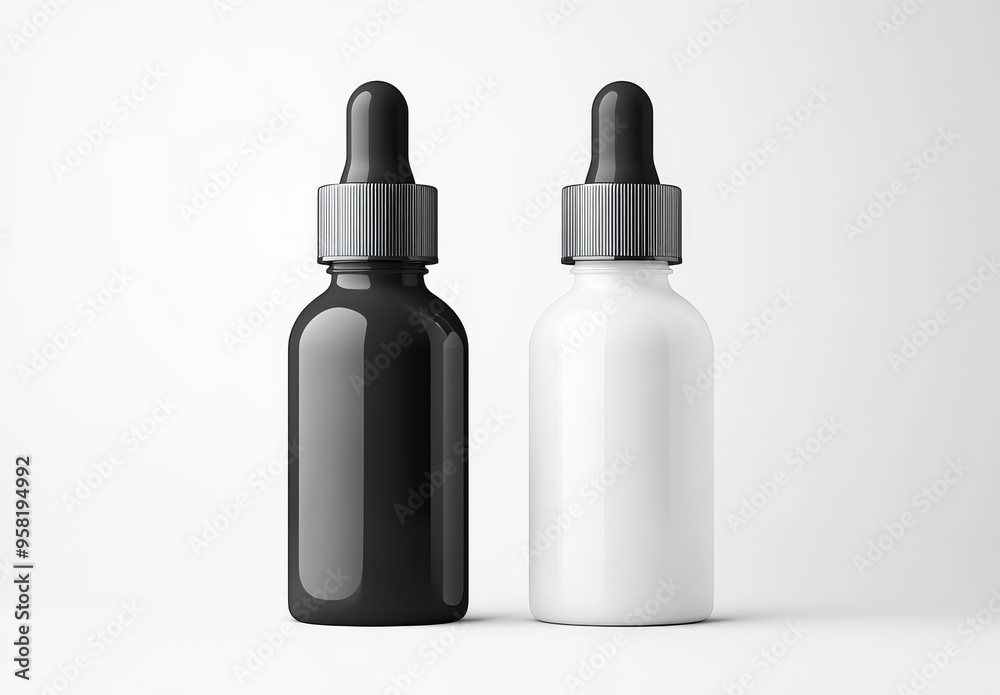 A dropper bottle made of transparent and amber glass with a white label A dropper bottle made of transparent and amber glass with a white label