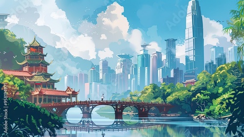  Illustration Of China Landmarks,  Generative AI