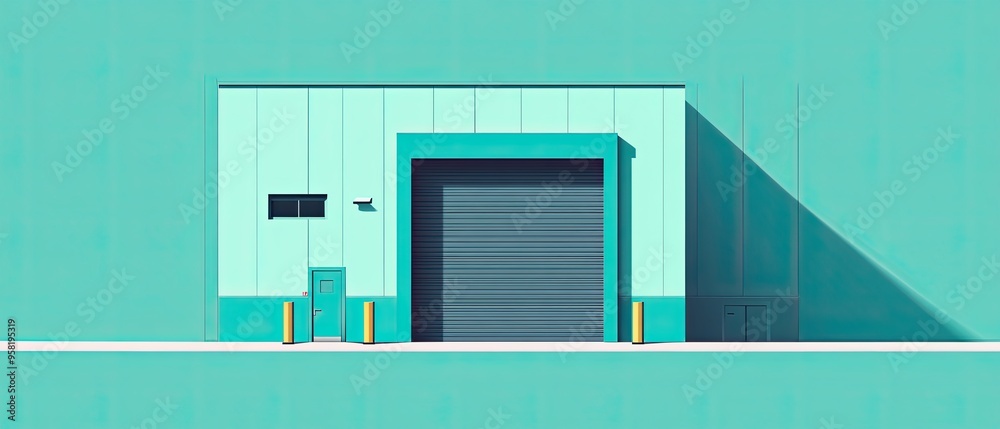 Warehouse roller door in minimal flat design on a solid teal background industrial equipment vector illustration clean and modern design perfect for sleek industrial settings Warehouse roller door in minimal flat design on a solid teal background industrial equipment vector illustration clean and modern design perfect for sleek industrial settings