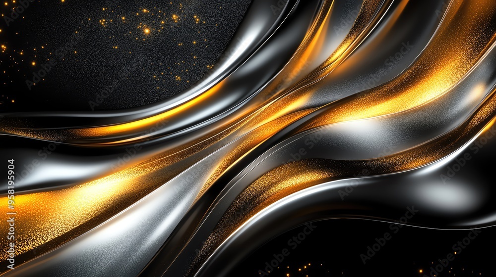 A mesmerizing abstract background featuring flowing black and gold waves, perfect for design and creative projects.