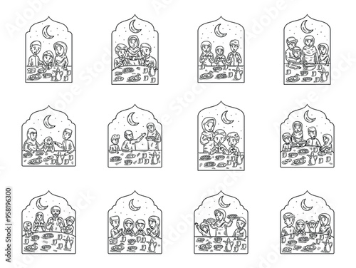 Family Iftar Illustration - Colorless