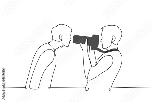 A man stares through the lens of a male photographer's long lens camera - one line art vector. concept male celebrity or passerby interferes with paparazzi