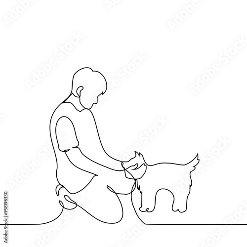 man kneeling down and stroking a dog - one line art vector. concept male dogman, owner and pet