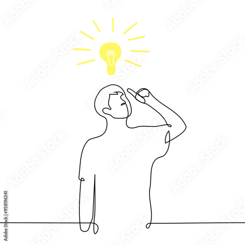 man has an idea, he stands with his index finger up and an immaterial lamp is burning above him - one line art vector. concept idea, inspiration, brainstorming