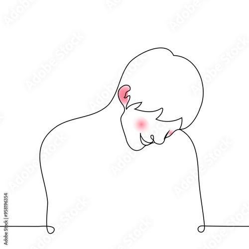 man smiling embarrassed, his ears and cheeks turned red- one line art vector. concept man blushing