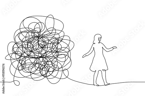 woman walking on a rope from a big chaotic and tangled thing - one line art vector. concept and metaphors walk away from problems, find a way out, get rid of tangled thoughts