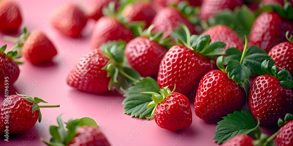 Photography of Close-up Realistic of Fresh Sweet Strawberries with Waterdrops, Full Frame on Pink Background. Front View View Strawberry Fruits with Leaves and Waterdrops. Photography of Close-up Realistic of Fresh Sweet Strawberries with Waterdrops, Full Frame on Pink Background. Front View View Strawberry Fruits with Leaves and Waterdrops.
