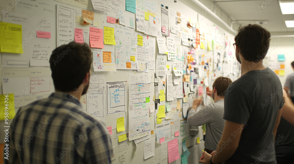 A collaborative design session in progress, with a wall full of ...