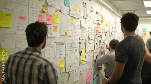 A collaborative design session in progress, with a wall full of colorful website wireframes pinned up for review. The team is deep in discussion, analyzing different design options and adding notes. photo