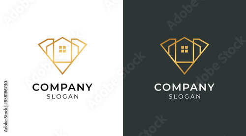 Luxury home logo design, emerald or diamond icon style. Line art icon logo of a house / home for property and interior design