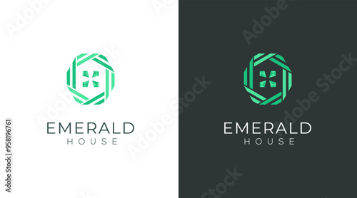 Luxury home logo design, emerald or diamond icon style. Line art icon logo of a house / home for property and interior design