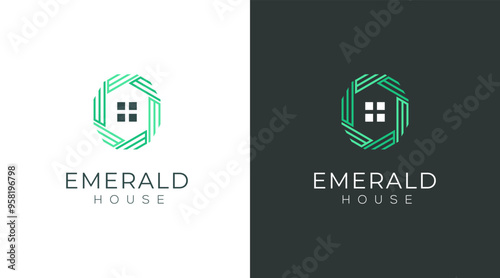 Luxury home logo design, emerald or diamond icon style. Line art icon logo of a house / home for property and interior design