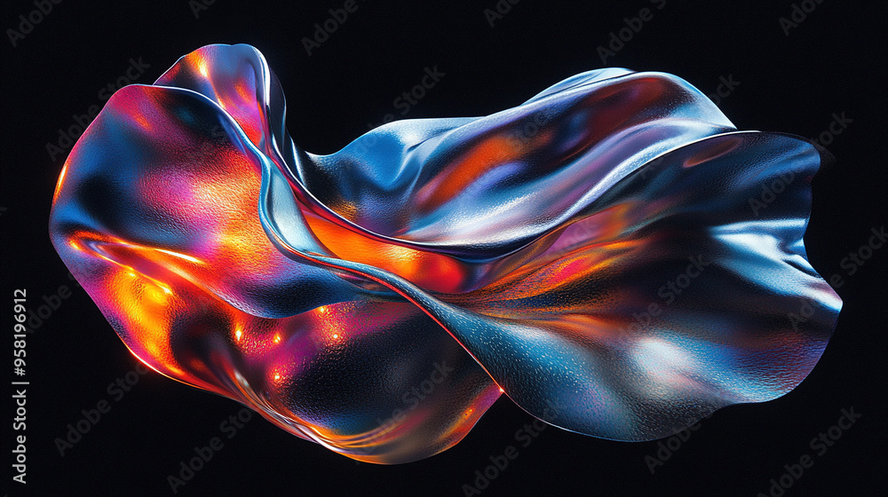 Close up shot of rainbow colored holographic liquid metal on black background, showing abstract distorted futuristic fluid organic shapes, design material