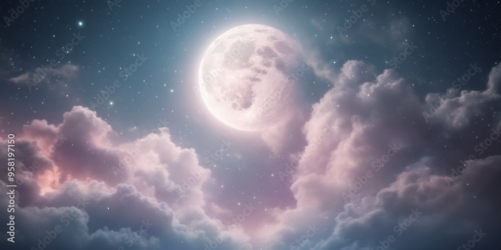 Serene night sky with full moon, stars, galaxies, and pink cloud Serene night sky with full moon, stars, galaxies, and pink cloud