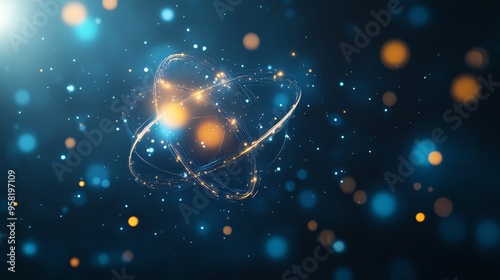 A stunning representation of an atom surrounded by vibrant particles, symbolizing energy, science, and the universe's mysteries.