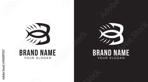 Letter B bait fish logo design. Fishing hook vector template