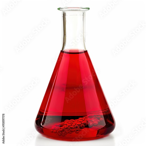 Hemical flask with red fluid isolated on white 