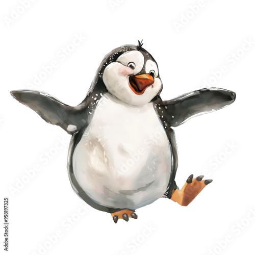 Playful Penguin Gliding on Ice - High-Resolution Image.Charming scene capturing a joyful penguin sliding effortlessly across a frozen surface. photo