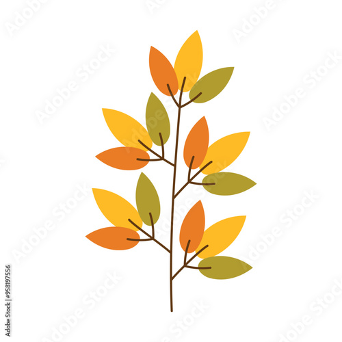 Hand drawn Autumn leaf isolated on transparent background. Doodle multi colored bright fall element Design for poster, banners. Organic plant branch photo