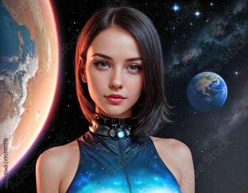 Fantasy portrait of a beautiful young woman in space with planets in the background