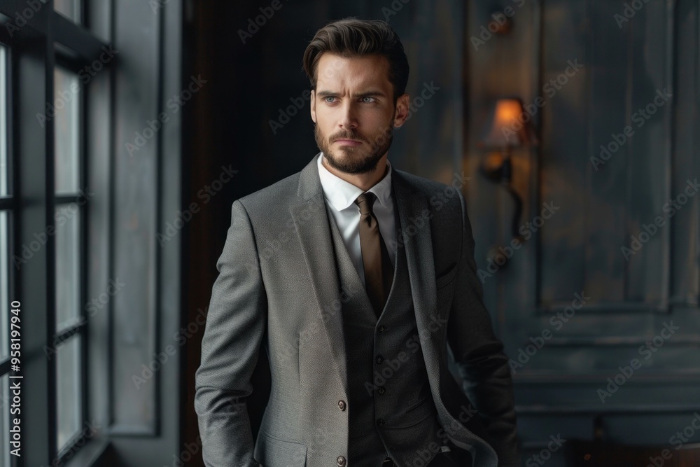 Confident businessman in a suit is posing in his office, standing near a window Confident businessman in a suit is posing in his office, standing near a window
