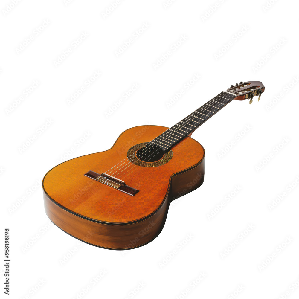 Fototapeta premium Elegant classical guitar with intricately detailed strings against a clear, transparent background. The craftsmanship and elements of design are distinctly visible.