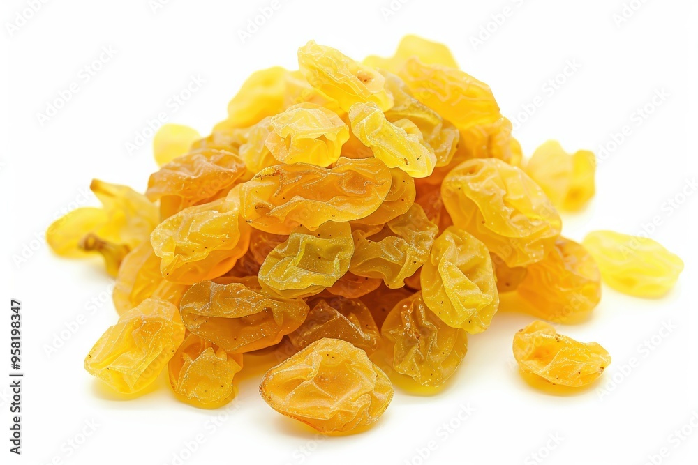 Golden Raisins: Yellow Grape Pile Isolated on White Background Golden Raisins: Yellow Grape Pile Isolated on White Background