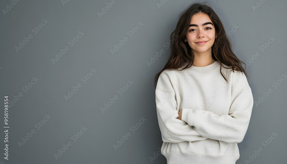 Young Woman with Long Brown Hair Smiling with Arms Crossed Against a Grey Wall Young Woman with Long Brown Hair Smiling with Arms Crossed Against a Grey Wall