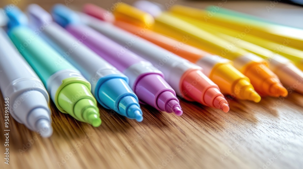 collection of highlighters in different colors arranged in a line on a desk collection of highlighters in different colors arranged in a line on a desk