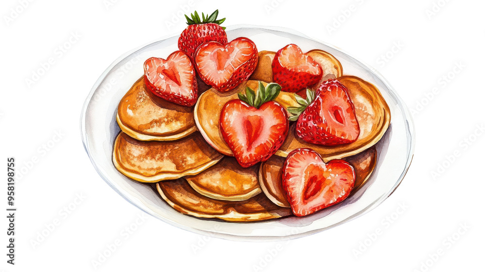 Plate of heart-shaped pancakes topped with fresh strawberries. A delightful breakfast perfect for special occasions or romantic mornings. Plate of heart-shaped pancakes topped with fresh strawberries. A delightful breakfast perfect for special occasions or romantic mornings.