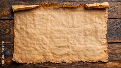 An aged, parchment scroll with burnt edges laid out on a wooden surface.