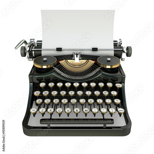 Vintage Typewriter on Transparent Background: A pristine white sheet of paper sits poised, ready for timeless words to be crafted.