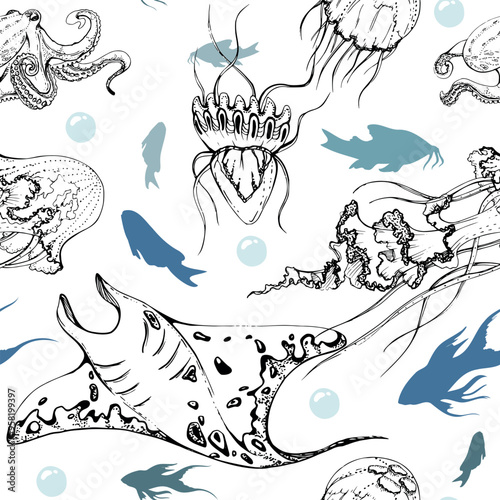 Marine life, sea ocean underwater creatures fish, shells algae seaweed, Ink and pen sketch hand drawn. Seamless pattern illustration, stylized, isolated on white. Zoo shop, aquarium, cosmetics, resort