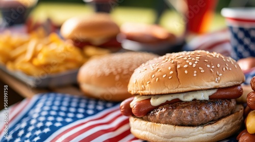 Wallpaper Mural picnic table set up with hamburgers, hot dogs, and patriotic decorations, ready for a Labor Day cookout Torontodigital.ca