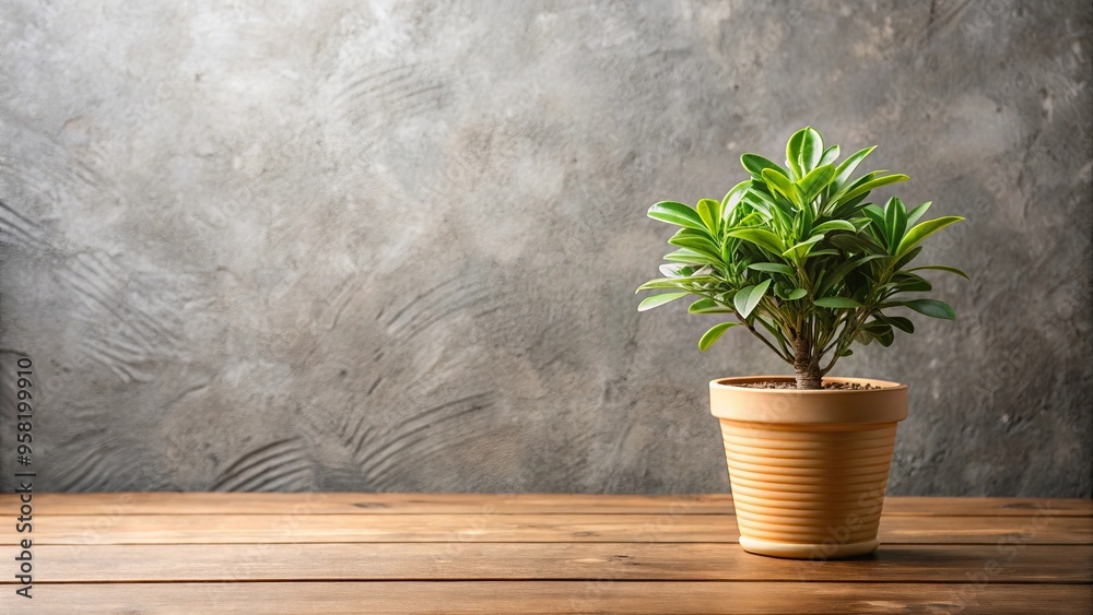 Close up of a potted plant on a table against a wall background Close up of a potted plant on a table against a wall background