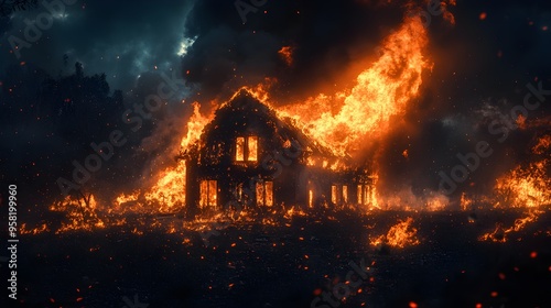 A blazing fire consuming a suburban home, wind blowing glowing embers into the night sky, intense colors, detailed textures, high-resolution, cinematic shot