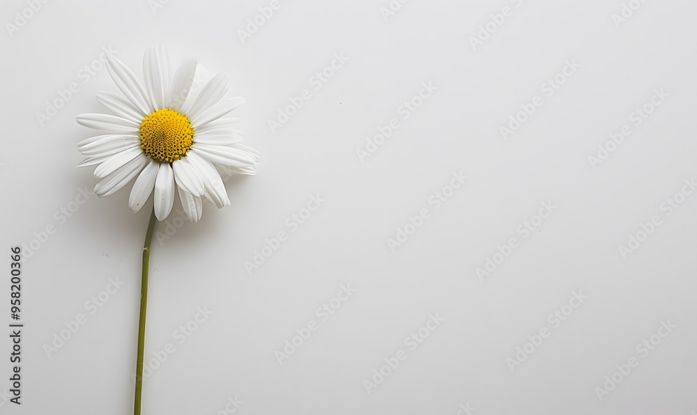 One white daisy flower isolated on white background. Flat lay, top view. Floral pattern, object. One white daisy flower isolated on white background. Flat lay, top view. Floral pattern, object.
