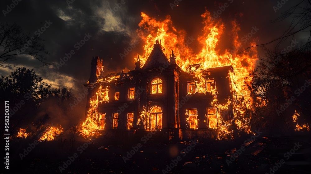 A blazing inferno devouring an abandoned, haunted mansion, with flames billowing from broken windows, intense and dramatic night scene
