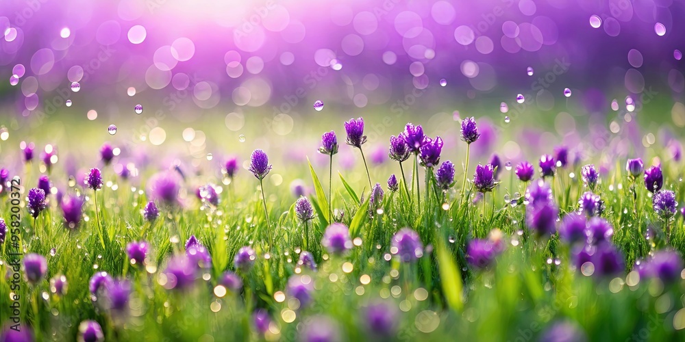 Fototapeta premium Lush green field with purple flowers covered in water droplets