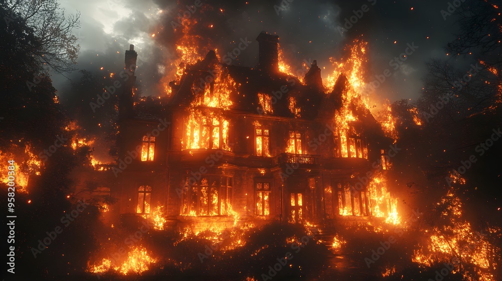 A blazing inferno devouring an abandoned, haunted mansion, with flames billowing from broken windows, intense and dramatic night scene A blazing inferno devouring an abandoned, haunted mansion, with flames billowing from broken windows, intense and dramatic night scene