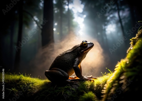 noir-inspired spring peeper silhouette against dark moody forest background with subtle mist and dramatic highlights