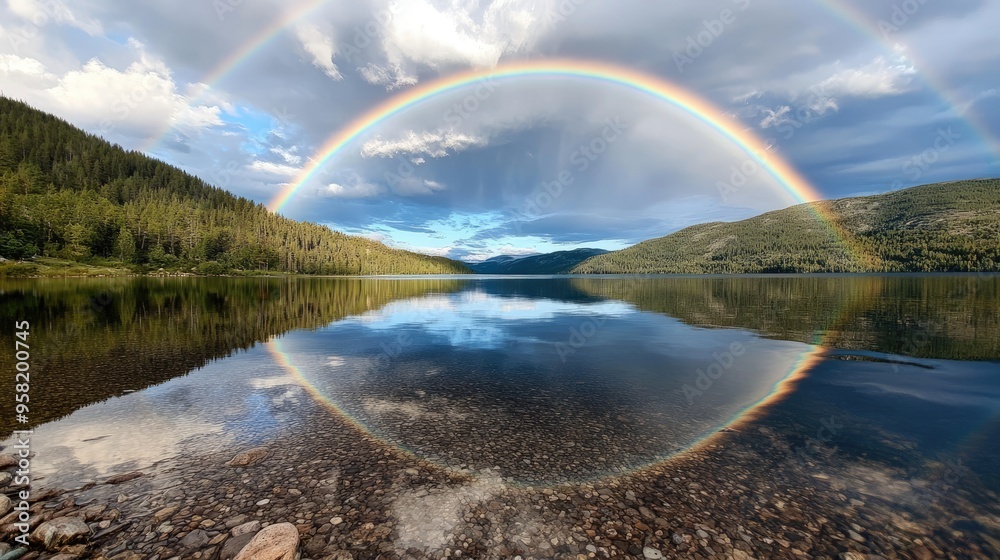 rainbow arching across a serene lake, with the colors mirrored perfectly in the calm waters below rainbow arching across a serene lake, with the colors mirrored perfectly in the calm waters below