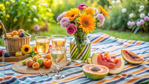 Whimsical summer picnic setup with pawpaw fruits and refreshing drinks amidst vibrant florals and striped blanket with shallow focus and pastel hues photo