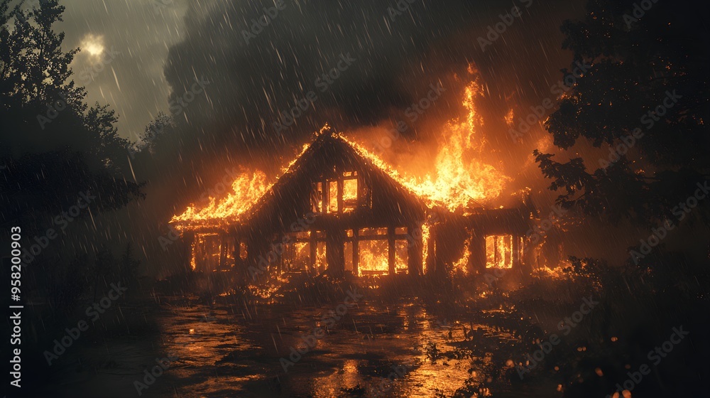 A burning house engulfed in flames, heavy rain pouring down, steam rising as water hits the fire, glowing embers and smoke in the night sky A burning house engulfed in flames, heavy rain pouring down, steam rising as water hits the fire, glowing embers and smoke in the night sky